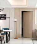 Ultra Thin Hidden Door Hinges With Adjustable Butt And Silent Operation, Heavy Duty Concealed Zinc Alloy Hinges For Secret Doors installed on a wooden door in modern room