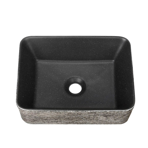 Rectangular Ceramic Vessel Sink For Bathroom Above Counter Dope Slate Gray 16 By 12 Inches Porcelain Basin With Easy Clean Stain Resistant Modern Look. Black ceramic basin shown from top angle.