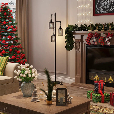 LED Industrial Floor Lamp With Three Cage Heads And Edison Bulbs, Tall Vintage Tree Style Lighting in a cozy living room setting