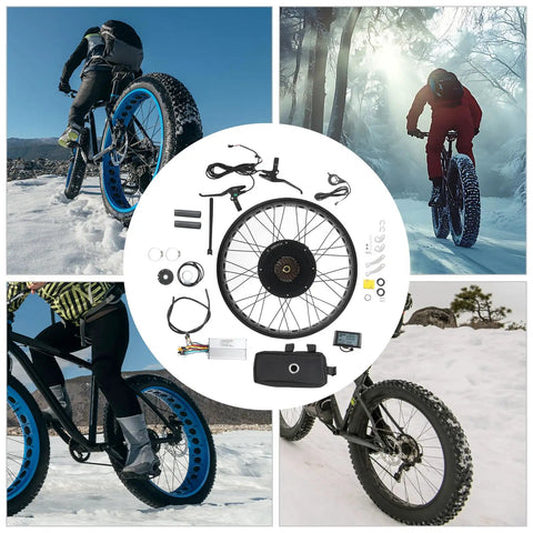 1000W Rear Wheel Electric Bike Motor Kit 48V Conversion with 26x4 Snow Tires, showcasing DIY turbo boost ride in snowy terrain.