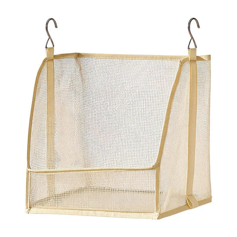 Premium Hanging Closet Organizer With Ultra Soft Fabric Shelves designed as a slick space saver in cream fabric for storage.