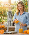 Manual Citrus Juicer Heavy Duty Cast Iron Press With Removable Strainer for home bar use, woman juicing oranges, gray