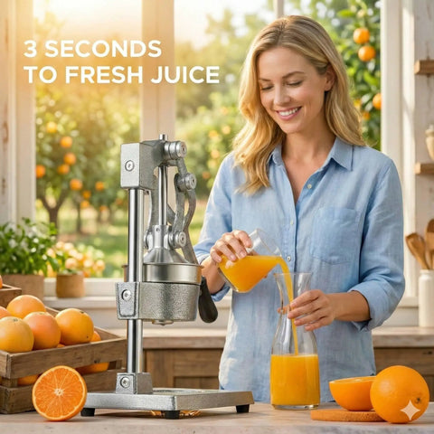 Manual Citrus Juicer Heavy Duty Cast Iron Press With Removable Strainer for home bar use, woman juicing oranges, gray