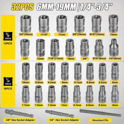 32-piece socket set showing various sizes and adapters for 20 Piece Upgraded Bolt Extractor Set Built Tough For Impact Lug Nut Remover And Extraction Socket Kit For Stripped Damaged Frozen Rusted Or Rounded Off Bolts Nuts And Screws.