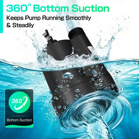 Powerful Submersible Sump Pump 1/3 HP 2400 GPH With 3/4 Inch GHT Garden Hose Thread demonstrating 360° bottom suction in water