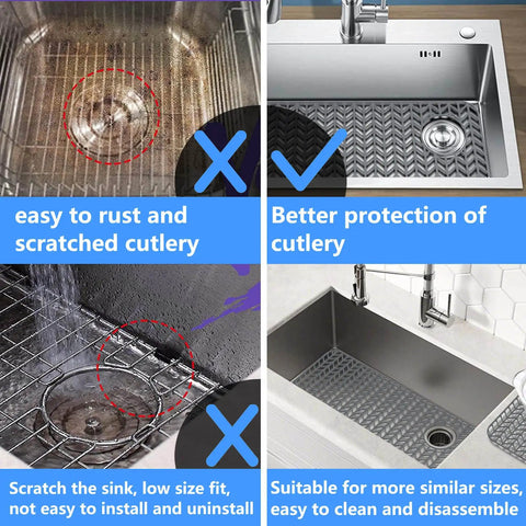 Comparison of Pro Grade Silicone Sink Mat Grid For Kitchen Sink Protection with traditional sink grids showing protection benefits.