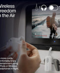 Wireless Bluetooth Audio Transmitter For AirPods And Headphones With 20 Plus Hour Battery in airplane setting.
