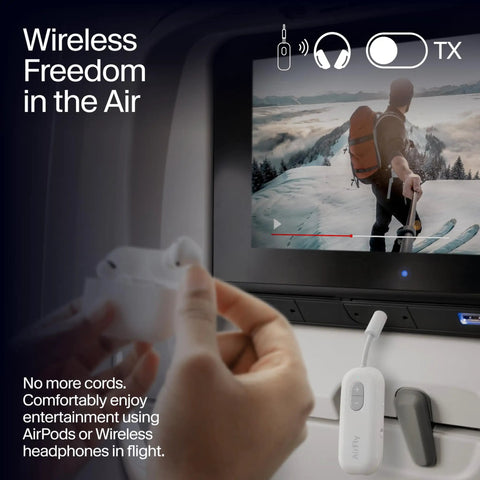 Wireless Bluetooth Audio Transmitter For AirPods And Headphones With 20 Plus Hour Battery in airplane setting.