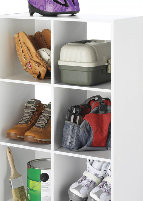 Six Cube Storage Organizer Bookcase With Open Display Shelves Three Tier Stackable MDF Wood Cabinet For Living Room Bedroom Home Office White Go To Storage That Keeps Books Toys Clothes Neat And Easy To Find with sports gear and tools