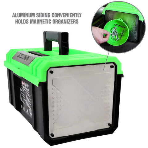 Green 15 Inch One Touch Tool Box With Tray Openable With One Hand And Padlock Security Slot Durable Tool Storage showcasing aluminum siding for magnetic organizers.