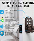 Keyless Entry Digital Door Knob Lock with Keypad for Front Doors in oil rubbed bronze shown on bedroom door with features listed