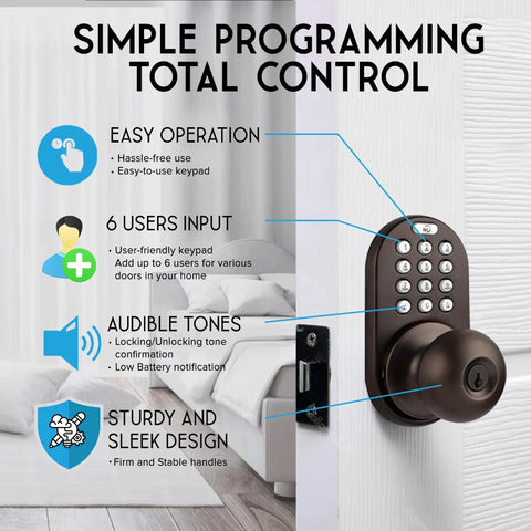 Keyless Entry Digital Door Knob Lock with Keypad for Front Doors in oil rubbed bronze shown on bedroom door with features listed