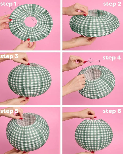 Assembly steps for Six Pack Paper Camp Lantern Set In Pink Green And Tan For Bachelorette Parties Birthdays Outdoor Parties Glamping Decor