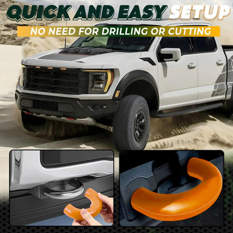 Image of Tow Hook Cover Kit For Ford F150 And Bronco Models 2004-2026 With Tremor Orange Silicone Rubber Upgrade For Beefed Up Front End Styling And Quick Easy Install, showing orange cover in use and on a Ford truck.