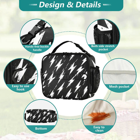 Retro Lightning Bolt Pattern Insulated Lunch Bag For Work School Travel On The Go Carrier With Thermal Insulation And Easy Clean Interior Durable Polyester Keeps Meals Fresh All Day, 11.2x3.5x9.8 in