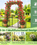 Garden Arbor With Gate And Planter, Metal Arch Trellis With Double Doors, flowers on archway in garden setting