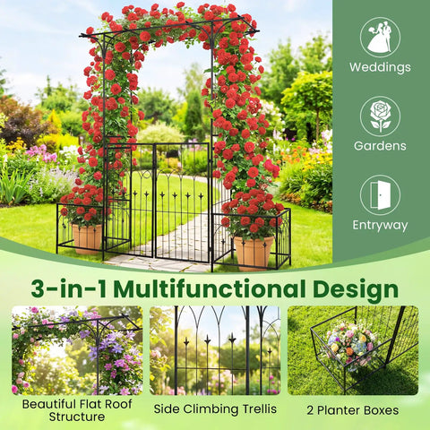 Garden Arbor With Gate And Planter, Metal Arch Trellis With Double Doors, flowers on archway in garden setting