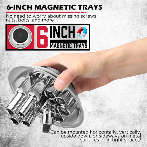 36 Inch Rolling Magnetic Sweeper With 40 Inch Telescoping Magnetic Pickup Tool, Magnetic Trays, 55 Pound Capacity - hand holding 6-inch magnetic tray for nails and screws