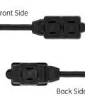 12 Foot Indoor Extension Cord With 3 Outlets 16 Gauge Power Strip Twist To Close Safety Covers UL Listed Black, front and back views