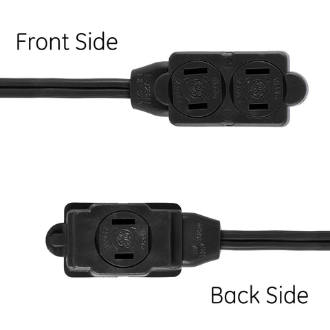 12 Foot Indoor Extension Cord With 3 Outlets 16 Gauge Power Strip Twist To Close Safety Covers UL Listed Black, front and back views