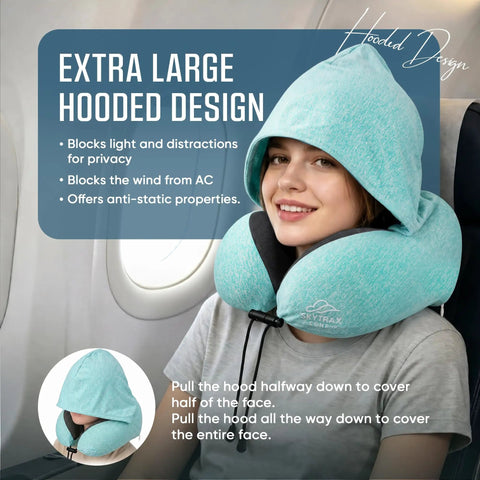 Travel Neck Pillow With Oversized Privacy Hood For Long Flights And Quick Naps On The Go Adjustable Chin And Neck Support With Drawstring And Buckle For Planes Trains Cars And Office Breaks on woman in airplane seat