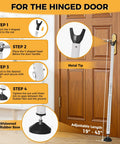 2 In 1 Sliding Door Security Bar, Adjustable From 16.5 To 48 Inches, Inside Window Safety Lock For Home Apartment And Hotel Rooms, Portable Door Jammer, Suitable For Sliding Doors And Hinged Doors, White shown installed on a hinged door with steps for setup.