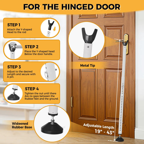 2 In 1 Sliding Door Security Bar, Adjustable From 16.5 To 48 Inches, Inside Window Safety Lock For Home Apartment And Hotel Rooms, Portable Door Jammer, Suitable For Sliding Doors And Hinged Doors, White shown installed on a hinged door with steps for setup.
