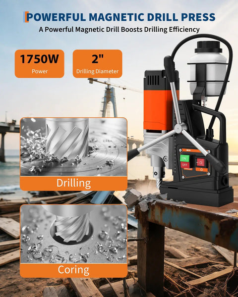 Heavy Duty Magnetic Drill Press With 1750W Copper Motor 2 Inch Boring Diameter displayed with drill bits and industrial backdrop
