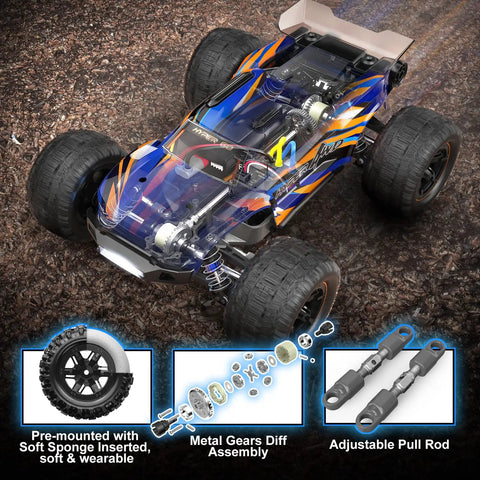 1:16 Scale Ready-To-Run Fast Remote Control Car Beast Mode Monster Truck with 4WD, shown in blue with metal gears and shock components