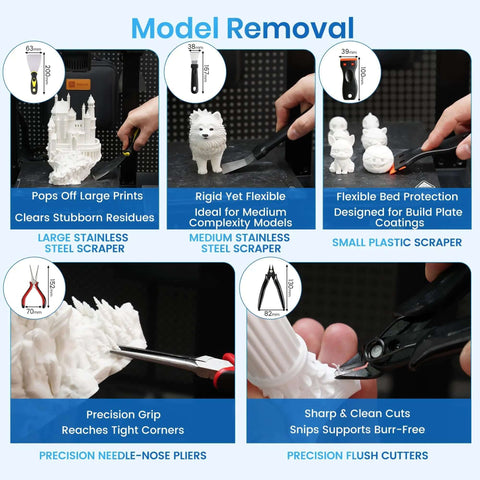 Model removal tools from Pro Grade 142-Piece 3D Printer Tool Kit with stainless steel scrapers, pliers, and flush cutters for Bambu Lab X1.
