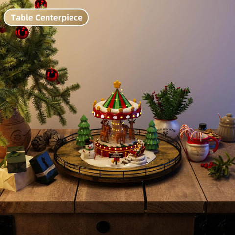 Slick Sixteen Inch Round Wooden Lazy Susan Turntable Organizer holding a festive carousel centerpiece with trees.