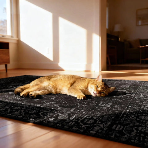 Cat lying on 36x48 Inch Office Chair Mat for Hardwood Floors Non Slip Desk Rug in sunny living room.