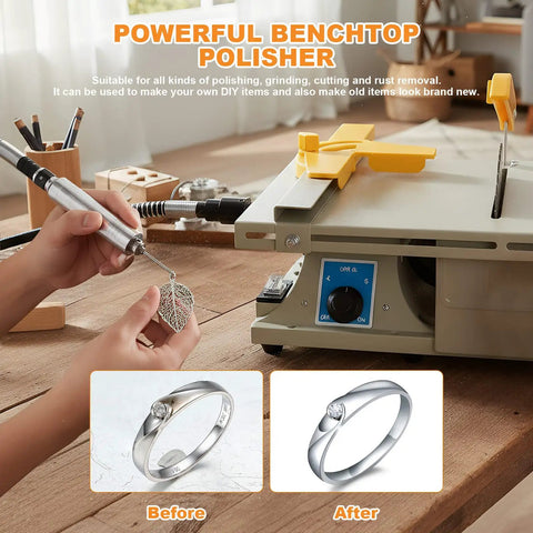 Person using All In One Lapidary And Jewelry Polisher With 0 To 10000 RPM Benchtop Grinder to polish a metal piece