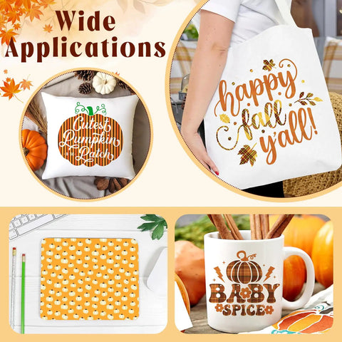 Fall Sublimation Transfer Paper Bundle, 10 Sheets, 12 By 10 Inches, showing applications on pillow, tote, mouse pad, and mug