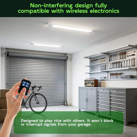 Garage interior with 4 Foot LED Shop Light With Reflector For Garage Tasks, 3CCT Selectable 4000K 5000K 6500K, 5500LM installed on ceiling