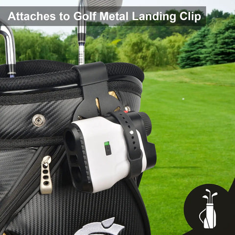 Universal Golf Range Finder Magnetic Strap Mount attaches to golf bag with secure adjustable silicone wrap, visible on golf course.