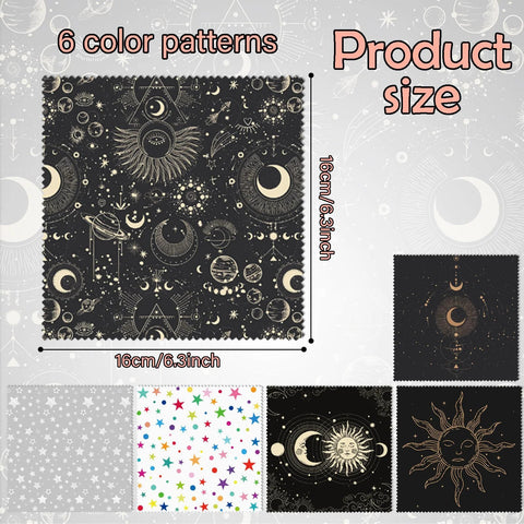 6-pack microfiber eyeglass cleaning cloths (6.3x6.3 in) with sun, moon, and star celestial patterns.