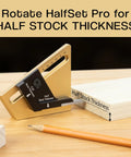 Precision Center Gauge For Woodworking Instantly Finds Half Thickness Of Wood Stock So You Can Set Table Saw Blade Dado And Router Bit Height No Math No Measuring Easy To Use Centering Tool showing the tool on a wood surface with pencil and wood block.