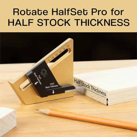 Precision Center Gauge For Woodworking Instantly Finds Half Thickness Of Wood Stock So You Can Set Table Saw Blade Dado And Router Bit Height No Math No Measuring Easy To Use Centering Tool showing the tool on a wood surface with pencil and wood block.