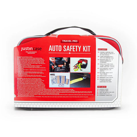 Compact Car Emergency Roadside Kit With Grab And Go Jumper Cables Tow Strap LED Flashlight Gloves First Aid Kit packaging