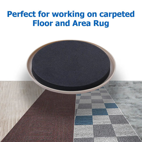 Close-up of Heavy Duty Carpet Furniture Sliders, 8 Pack, 5 Inch Round Moving Pads for Big Furniture over different carpet types.