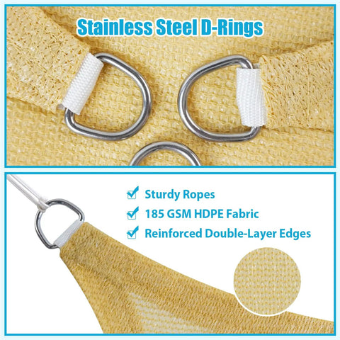 Close-up of Shade Sail 8x20 Foot Rectangle Sand Color UV Blocking Breathable Canopy with stainless steel D-rings