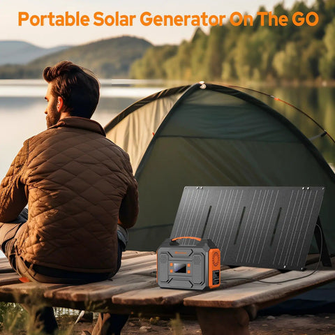 Power Station 300W Solar Generator 280Wh Portable Outdoor Power Bank With 110V AC Outlets Pure Sine Wave DC USB QC3.0 beside tent