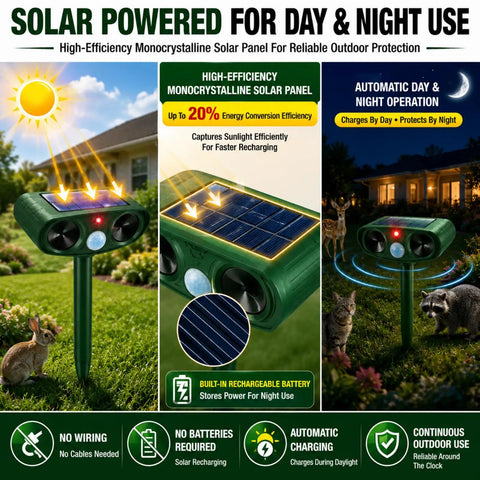 Two Pack Solar Ultrasonic Animal Repeller For Garden Outdoor Waterproof IP65 Motion Sensor Deterrent on stake with solar panel