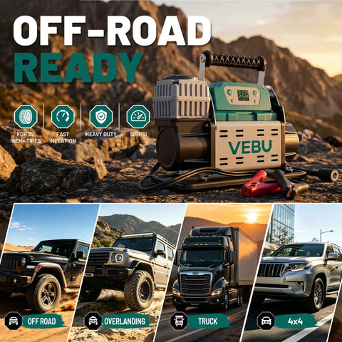 Heavy Duty 12V Rv Air Compressor And Tire Inflator With Auto Shut Off showing 125 PSI inflation and digital display, off-road setting.
