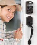 Keyless Door Lock With Handle In Oil Rubbed Bronze 6 Codes For Quick Access installed on white door with person demonstrating installation.