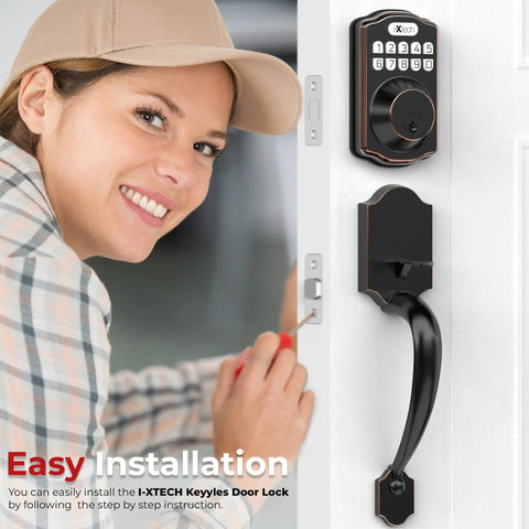 Keyless Door Lock With Handle In Oil Rubbed Bronze 6 Codes For Quick Access installed on white door with person demonstrating installation.