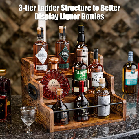 Three Tier Wooden Liquor Display Shelf For Home Bar 3 Step Countertop Rack For Bottles Whiskey Vodka And Spirits Retro Style Mini Bar Organizer Sturdy Wood Stand showcasing various liquor bottles on a countertop bar