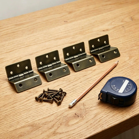 Four Pack Half Surface Hinges 270 Degree Tri Fold Retro Iron Cabinet Hinges Bronze Finish visible with screws on table