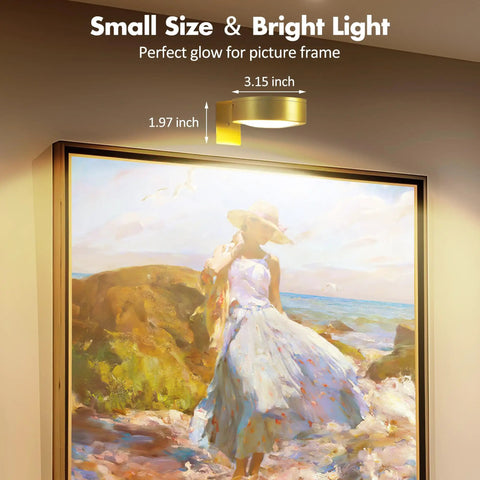 3 Pack Wireless Picture Lights For Wall, Battery Operated Poster Lamps With Polished Gold Finish, bright light illuminating a painting.